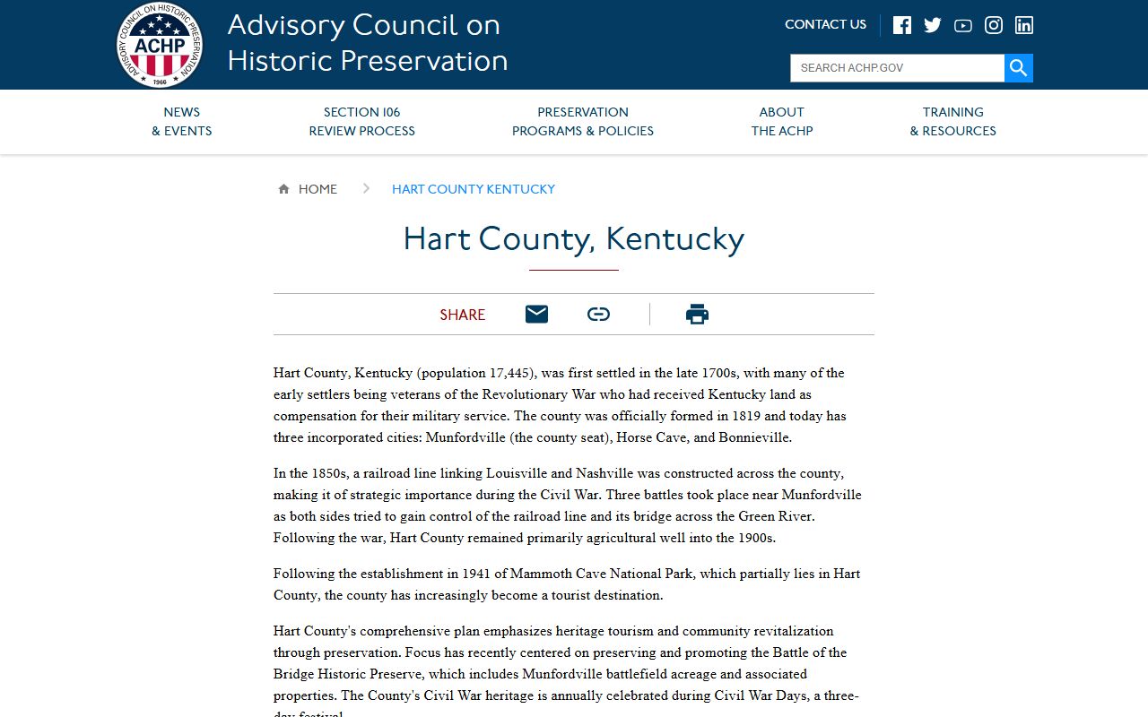 Preserve America Hart County Kentucky page