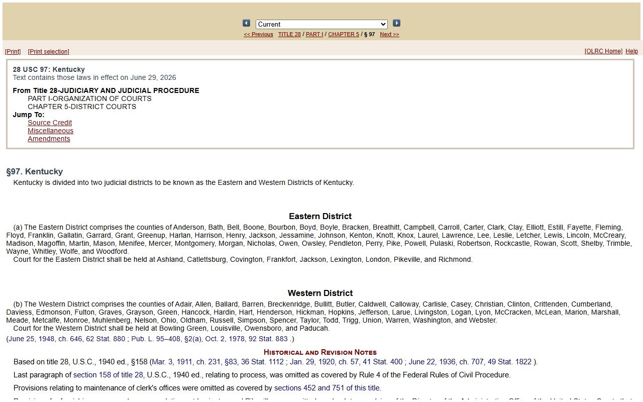 28 USC Section 97 Kentucky federal districts