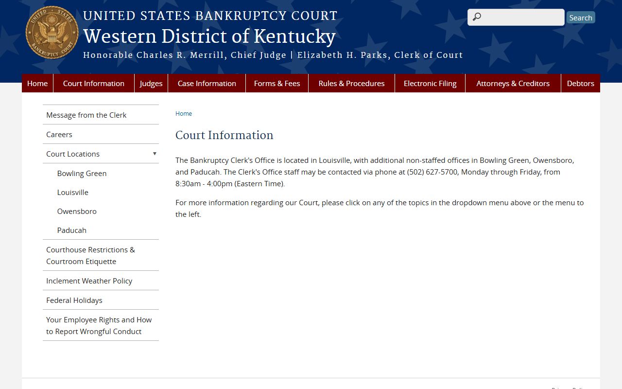 U.S. Bankruptcy Court for the Western District of Kentucky court information page